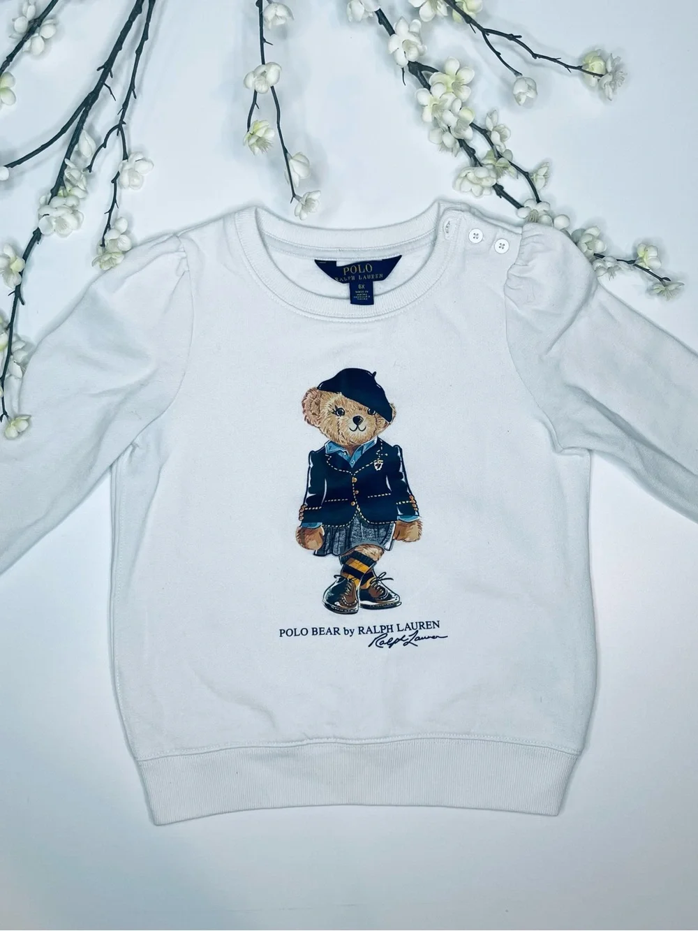 Ralph Lauren White Polo Bear Long Sleeve Sweatshirt with Navy Accent